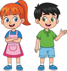 PrintCute cartoon boy and girl standing together, happy smiling kids, casual clothing, isolated white background, friendly children illustration
