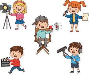 PrintCute Kids Playing Film Crew Roles with Camera, Microphone, Director, Clapperboard, Lights and Script in Cartoon Movie Production Scene