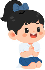 Cartoon Thai Student Kneeling and Praying