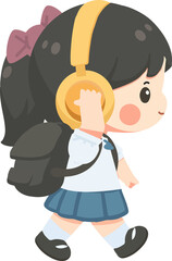 Cartoon Schoolgirl Walking with Headphones
