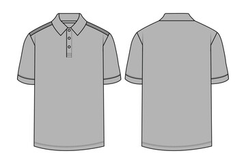 Classic Men's Short-Sleeve Polo Shirt Template. Fashion Flat Sketch of Basic Collared T-Shirt Design. Technical Drawing: Standard Polo Shirt Front and Back View. Simple Short-Sleeve Polo Mockup.