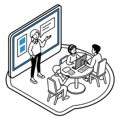Vector art of isometric illustration of a group of people attending a meeting with a presenter on a large screen, for business and education purposes