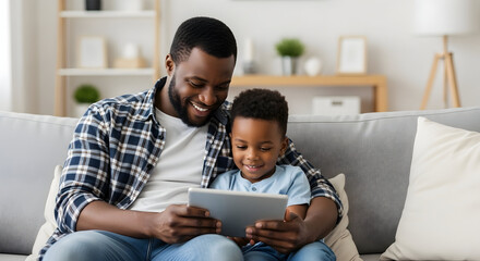Happy Black Father and Son Bonding Using Tablet Digital Device at Home Family Time Together Love