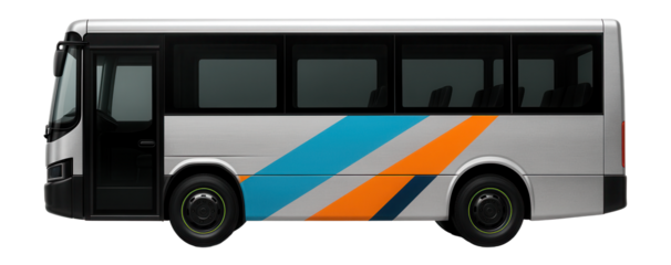 Boxy passenger transport vehicle with low step entry and side graphics