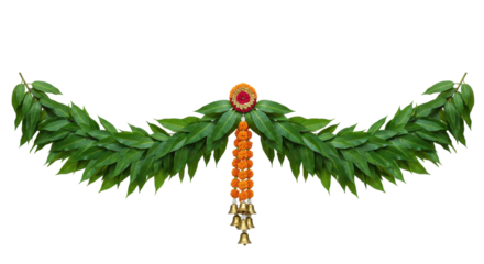 Leafy Floral Garland: A stunning vibrant leaf garland with delicate blossoms and accents, perfectly styled for traditional design aesthetics.