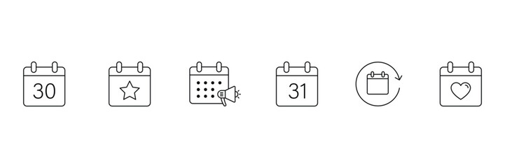 Calendar outline icons. Containing date, schedule, month, week, appointment, agenda, organization, event and more icons. Vector illustration.