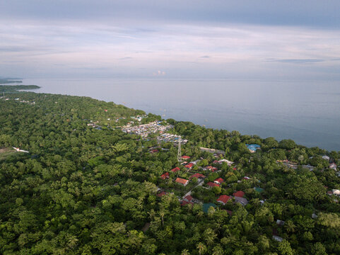 Aerial view of lush green canopy meets the calm turquoise sea along the coastline with scattered red-roofed houses nestled within, [Actual City Name], [Actual State Name], [Actual Country Name].