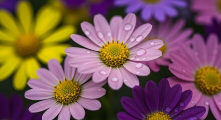 Obraz premium Pink daisy with yellow center and water droplets surrounded by colorful blooms in soft focus forming a vibrant floral closeup