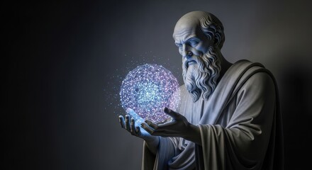 Philosopher Holding Glowing Network Sphere, Technology and Knowledge Concept