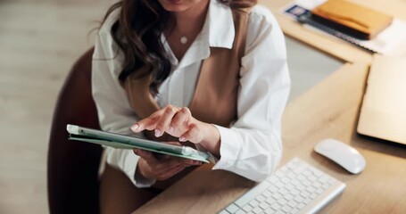 Typing, business and woman in office with tablet, online communication or schedule for client. Digital, corporate and consultant in workplace with tech, virtual meeting and messaging on company app. - Powered by Adobe