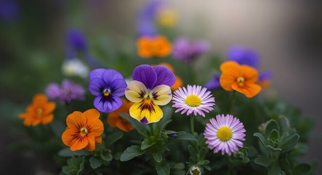 Colorful pansies and pink daisies in full bloom surrounded by lush green foliage forming a vibrant natural composition - Powered by Adobe