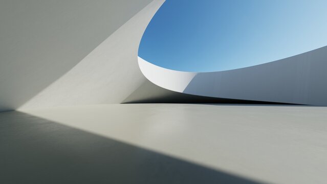 Abstract white curved architecture background, Empty wavy space with reflected concrete floor, Futuristic modern interior backdrop, 3d rendering of twisted building