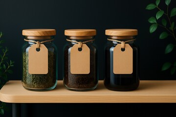 Sustainable kitchen pantry storage concept with blank jars