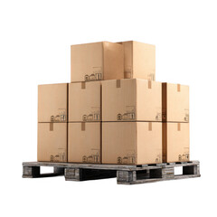  Cardboard boxes on a secured pallet [Transparent Background PNG].