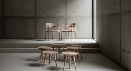 Fototapeta premium Minimalist Wooden Furniture in Modern Concrete Interior