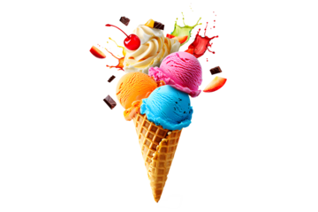 A single scoop of rich chocolate ice cream sits atop a classic waffle cone Transparent Background 