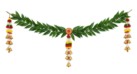 Festive Garland: A vibrant garland of lush green leaves and decorative flowers. Perfect for celebrations. 
