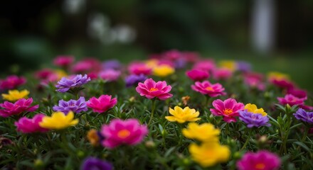 Obraz premium Pink yellow and purple flowers blooming densely in vibrant flower bed with green foliage and soft background