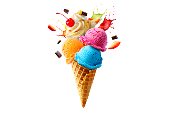 A single scoop of rich chocolate ice cream sits atop a classic waffle cone Transparent Background 