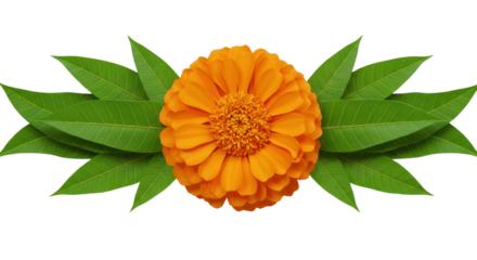 Zinnia Delight: A vibrant orange zinnia flower is beautifully framed by lush green leaves, its bright petals creating a visually striking and joyous display.