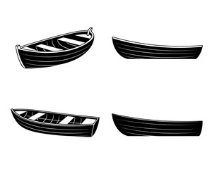 Monochrome Illustration of Four Rowing Boats in Different Perspectives for Nautical Designs and Maritime Projects