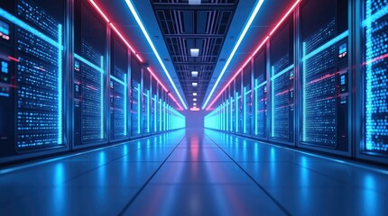 Futuristic server room with glowing blue and red neon lights, showcasing rows of advanced technology and data storage racks in a modern, high-tech environment.