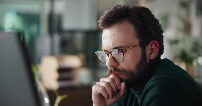 Man, computer and review at startup, thinking and perspective with project management at media company. Person, writer and pc with problem solving, insight or feedback for solution at creative agency
