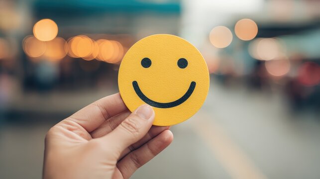 Close-up of a hand holding a yellow smiley face emoji sign with a smiling expression, blurred city background in the evening glow - Powered by Adobe