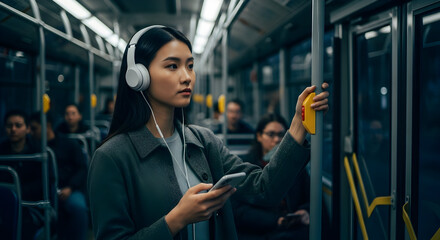 Young woman commuting on public transport listening to music using headphones and smartphone