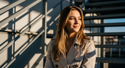 Confident young woman in trench coat looks towards the future success ambition hope optimism dream goals lifestyle portrait