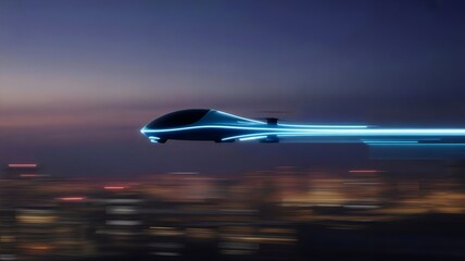 Fototapeta premium Futuristic drone creating neon blue motion streak in twilight sky – Perfect for drone technology, futuristic transport, or cyberpunk visuals