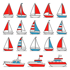 Collection of Simple Cartoon Boats and Sailboats in Red White and Blue Design Elements for Nautical Themes and Creative Projects