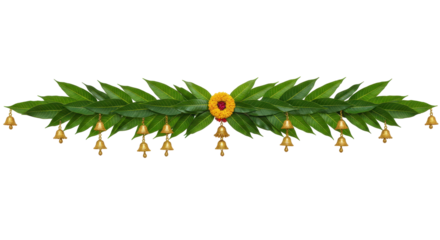 Floral Adornment: A detailed studio shot presents a symmetrical arrangement of verdant leaves and blossoms, complemented by golden bells, creating a captivating and ornamental display.