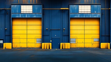 Industrial Warehouse Exterior with Yellow Rolling Door in Modern Warehouse 