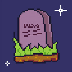 Pixel art grave stone with grass growing around. Spooky Halloween vector illustration for stickers, holiday merchandise, and vintage arcade-themed horror game assets