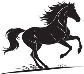 Obraz premium Black silhouette of a horse in motion with flowing mane and tail over stylized grass white running