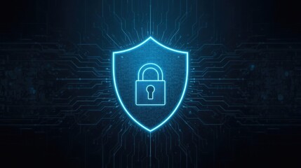 Glowing neon blue shield with digital padlock symbol over abstract circuit board network, representing cybersecurity and data protection in a modern tech world