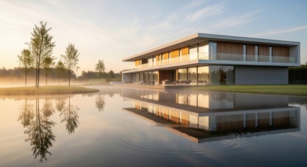 Modern Luxury Home on a Lake at Sunrise, Architectural Design, Reflection