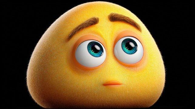 Close-up of a cute yellow cartoon emoji with large expressive eyes and a surprised or thoughtful expression on a black background
