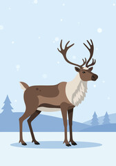 Illustrated Reindeer with Large Antlers in a Snowy Landscape. © Wendikadig