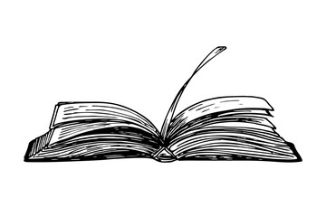 Open book - sketch outline illustration, drawing clipart in engraving style. Learning, knowledge, open information concept. Hand-drawn vector line art, isolated