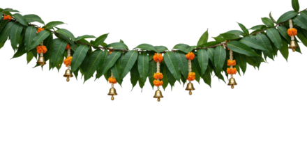 Festive Garland Decoration: An elegant, vibrant garland comprised of fresh green leaves and delicate flowers is arranged in a beautiful, harmonious arc, complemented by the subtle glimmer of bells