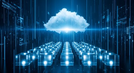 Digital cloud computing network with rows of servers and data streams