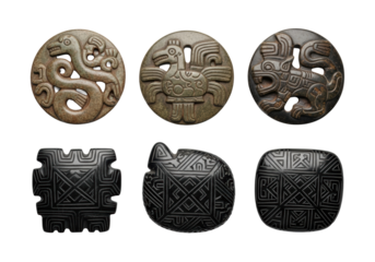 Six distinct pre-Columbian ceremonial tokens (matte jade animal, polished obsidian geometric) on transparent, photorealistic still life, soft studio lighting, ancient ritual concept.