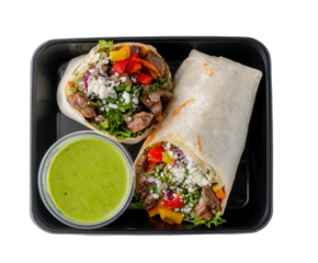 Delicious burrito and a small cup of green sauce in a black takeout container, presented from a topdown perspective, isolated on a transparent background