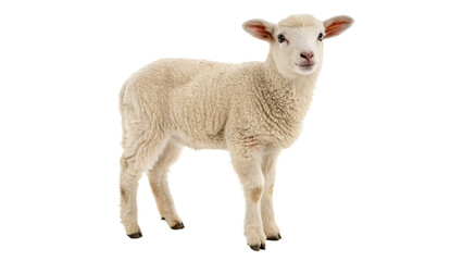 Young lamb standing showcasing its soft wool and curious expression on a transparent background