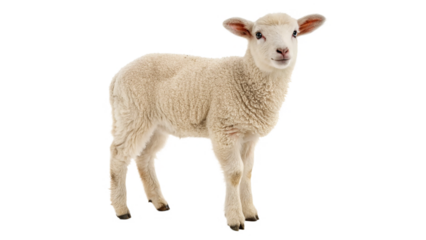 Young lamb standing showcasing its soft wool and curious expression on a transparent background
