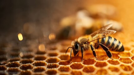 Closeup of a hardworking honeybee on a golden honeycomb structure in a busy hive producing honey.