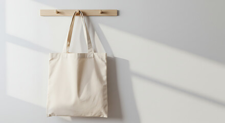 Blank beige canvas tote bag hanging on a wooden hook rack against a white wall with natural light and shadow for mockup