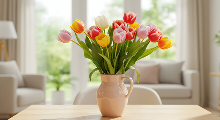 Vibrant spring tulips in a vase on a wooden table in a bright modern living room home decor interior design fresh flowers home ambiance
